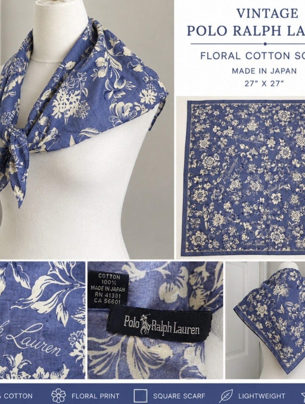 Polo Ralph Lauren Vintage Floral Cotton Scarf Made in Japan Blue Cream Bandana
